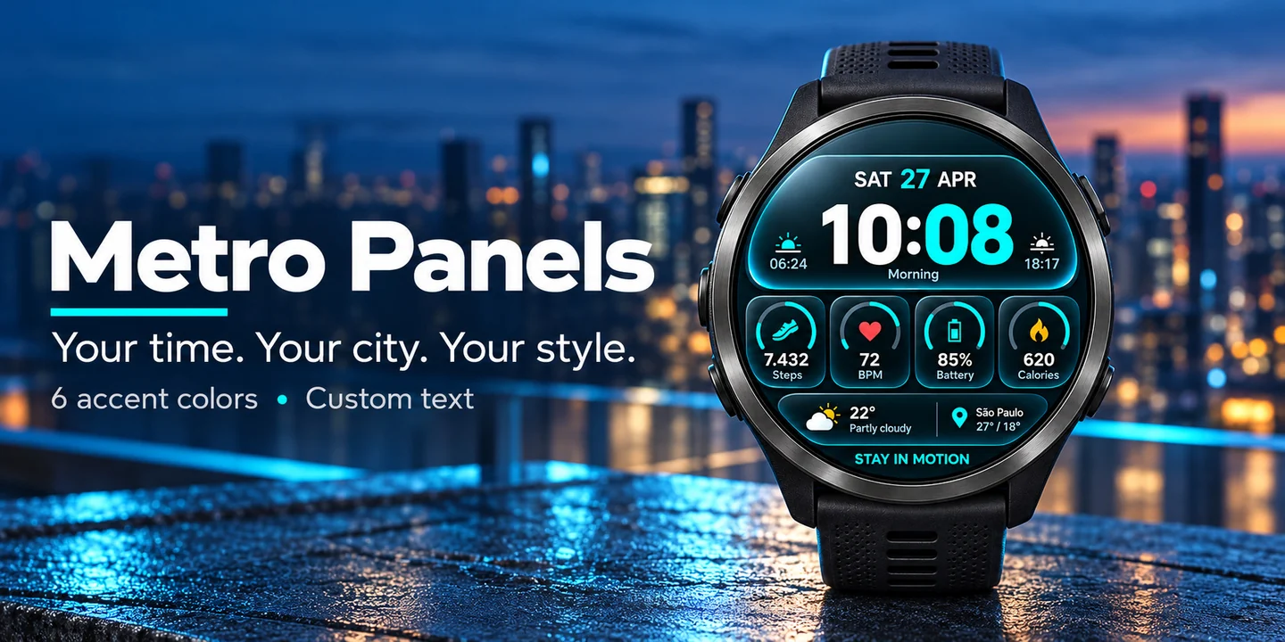 Metro Panels on a watch, city at night